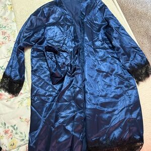 Navy Satin Lace-Trim Women's Robe